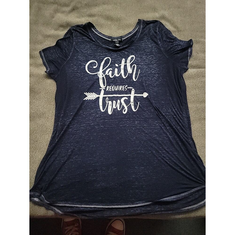 Ladies 2x Sable Sky Faith Requires Trust Sheer Top Shirt
